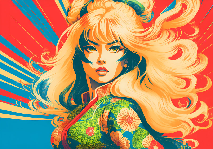 "Retro Muse Revival" - AI artwork of a woman in retro-futuristic style against a vibrant backdrop.