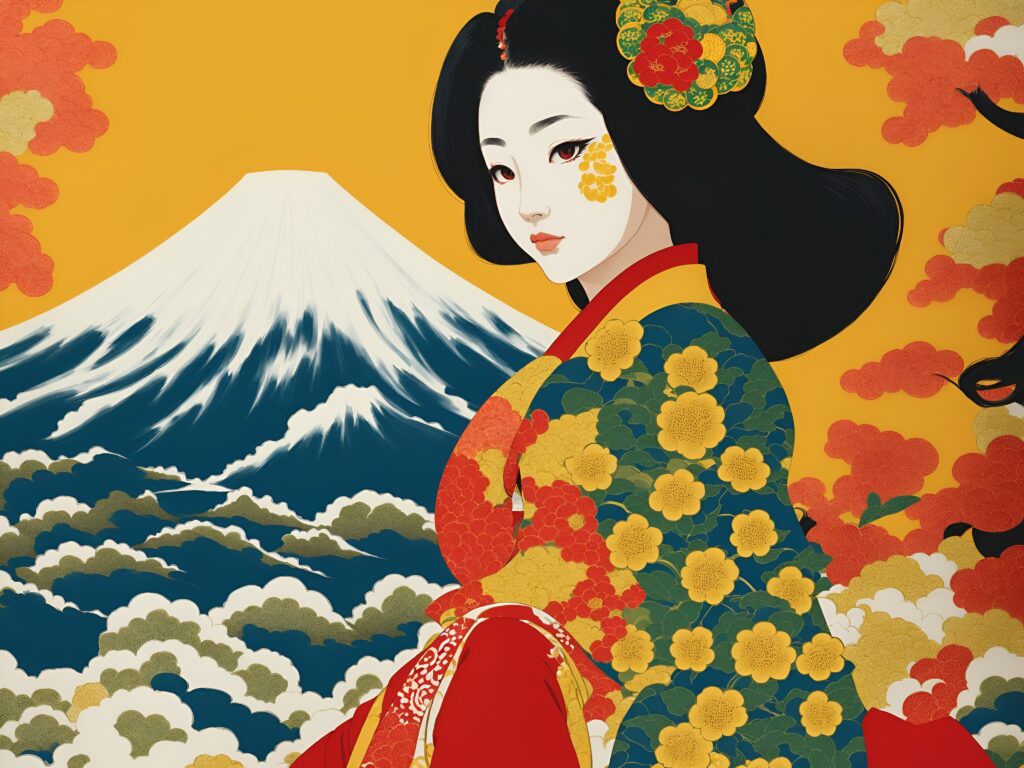 Fuji Kimono Harmony - AI artwork of a Japanese lady in a kimono with Mount Fuji.