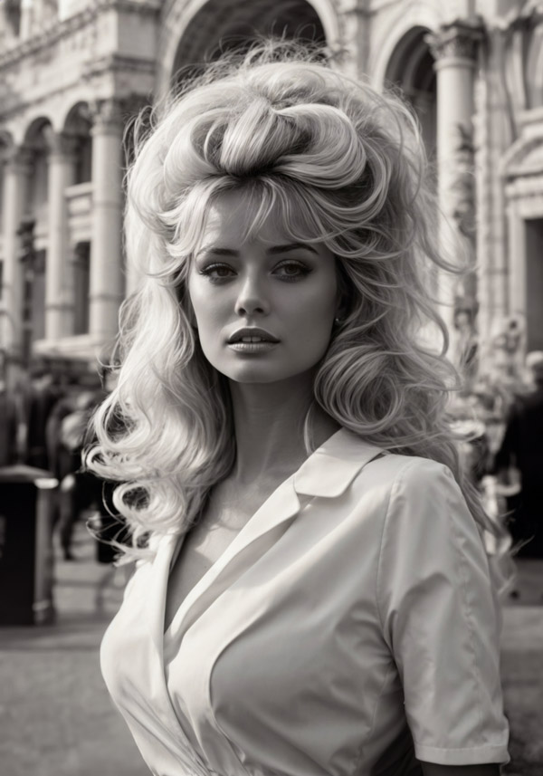 A woman stands amidst the towering structures of a vibrant city, her enigmatic expression captivating the viewer.