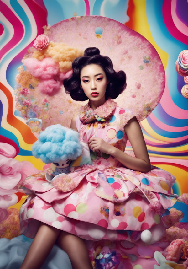 Illusions of Dream, AI generated art print of a woman merging with a swirling vortex of vibrant colors and ethereal patterns, creating a mesmerising dreamscape.